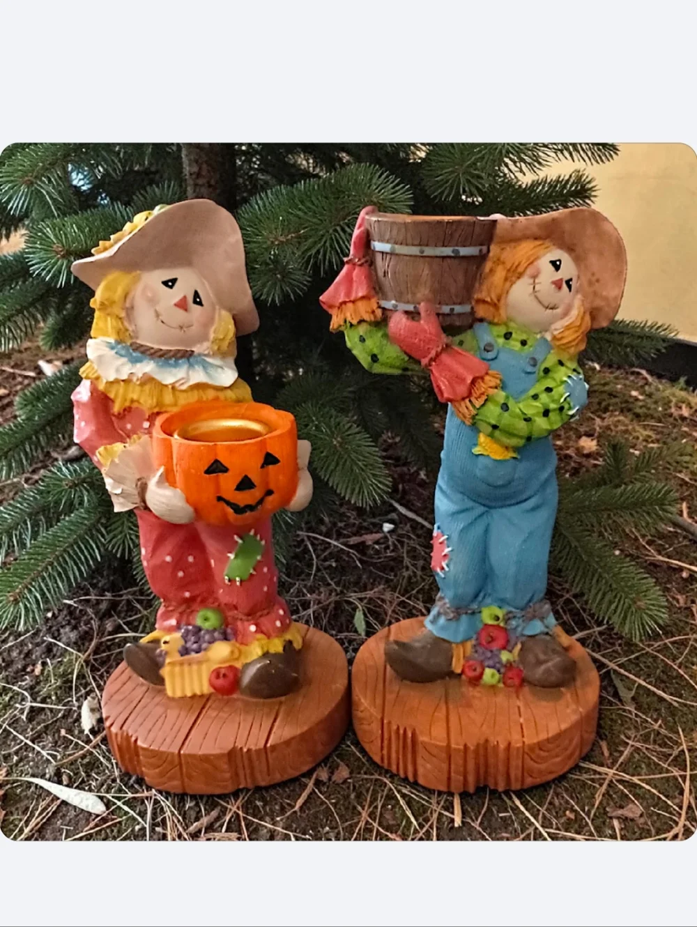 2 Vtg Scarecrow Candle Holders Resin Fall Thanksgiving Decor‎ Halloween Autumn